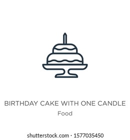 Birthday cake with one candle icon. Thin linear birthday cake with one candle outline icon isolated on white background from food collection. Line vector sign, symbol for web and mobile