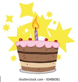 Birthday Cake With One Candle Lit And Stars