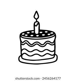 birthday cake with one candle. Simple vector illustration in doodle style.
