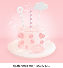 Birthday cake with one candle and soap bubbles, decorated with hearts