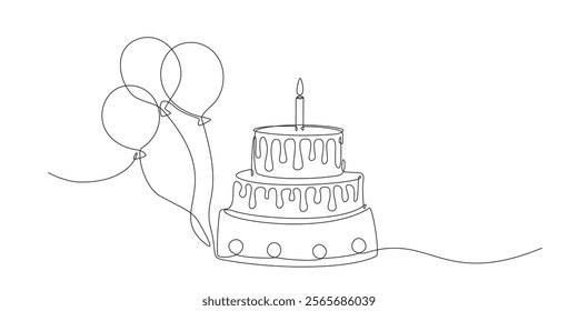 Birthday cake one line drawing in single line art style. Continuous line drawing of birthday cake with candles and balloons. Doodle sketch concept. Editable stroke design elements. Vector Illustration