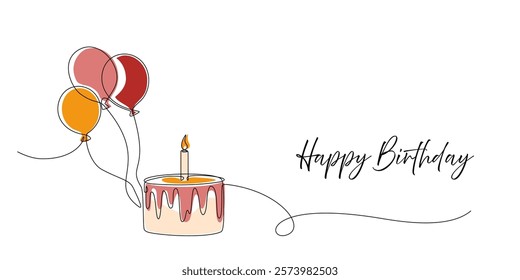 Birthday cake one line drawing in single line art style. Continuous line drawing of birthday cake with candles and balloons editable stroke. Doodle sketch concept isolated. Vector Illustration