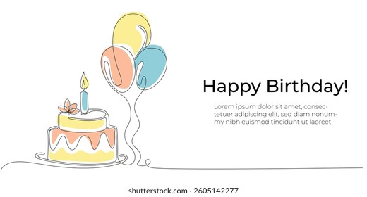 Birthday cake one line drawing in single line art style. Continuous line drawing of birthday cake with candles and balloons. Doodle sketch concept isolated. Vector Illustration