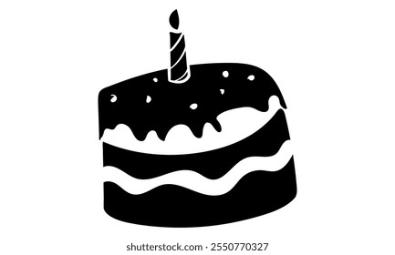 Birthday cake with one lit candle silhouette vector illustration. Isolated on white background