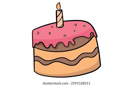 Birthday cake with one lit candle colored doodle vector illustration. Isolated on white background