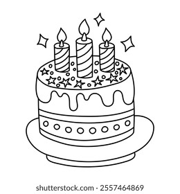 Esquema del pastel de cumpleaños con velas. Ilustración en blanco y negro de un pastel de cumpleaños con velas a rayas, glaseado goteante y estrellas decorativas en un plato.