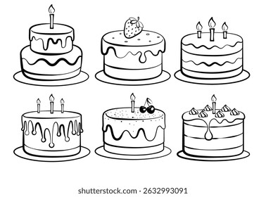 Birthday cake outline elements clipart set. Cake outline drawing clip art of sweet food dessert birthday party collection in white background vector illustration.  
