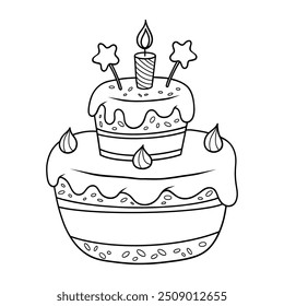 Birthday cake. Outline festive creamy bakery with drops dripping glaze, stars and holiday candle. Line drawing, coloring book. Vector illustration. Kids collection 