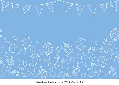 Birthday cake party background banner doodle vector illustration seamless. Celebration with cake balloons bunny rabbit rainbow cloud decoration. Copy space. Freehand drawing.