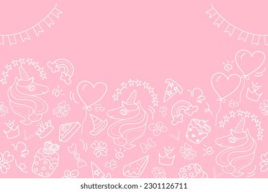 Birthday cake party unicorn invitation background banner doodle vector illustration seamless. Celebration with cake balloons hat snack garland decoration. Copy space. Freehand drawing. For kid party.