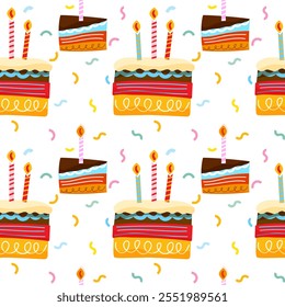 Birthday cake pattern is perfect for wrapping paper, party invitations, festive decorations, kitchen textile, or digital background. Vector illustration