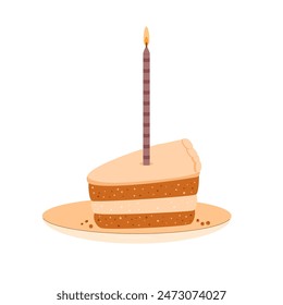 Birthday cake piece with flaming candle. Sweet holiday bakery slice. Pastry dessert with cream. Vector pie hand drawn flat illustration isolated on white background.