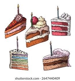 birthday cake piece set hand drawn. candle celebration, dessert party, layer sweet birthday cake piece vector sketch. isolated color illustration