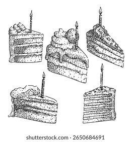 birthday cake piece set hand drawn. candle celebration, dessert party, layer sweet birthday cake piece vector sketch. isolated black illustration