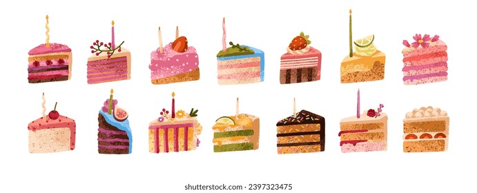 Birthday cake pieces, cut slices. Holiday desserts portions set. Sweet party food. Tasty pastry with candles, decorations, cream. Colored flat vector illustrations isolated on white background.