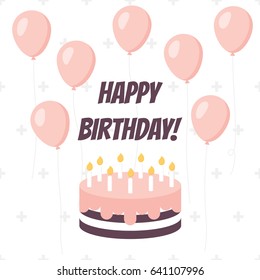 Birthday Cake and Pink Balloons Vector Greeting Card
