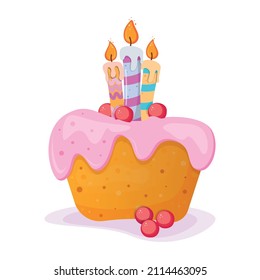 Pastel de cumpleaños con hielo rosa, tres velas y cerezas para la decoración. Ilustración vectorial, diseño de color de caricatura plana, aislado en fondo blanco, eps 10.