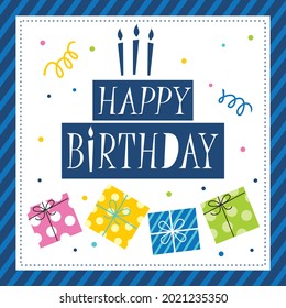 Birthday cake and present illustration for birthday card