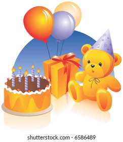 Birthday cake, present, teddy bear, party hat, balloons. Vector illustration