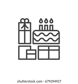 Birthday Cake And Presents Line Icon, Outline Vector Sign, Linear Style Pictogram Isolated On White. Symbol, Logo Illustration. Editable Stroke. Pixel Perfect Graphics