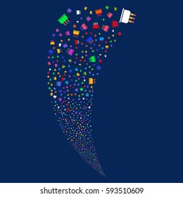 Birthday Cake random fireworks stream. Vector illustration style is flat bright multicolored iconic symbols on a blue background. Object fountain made from scattered design elements.