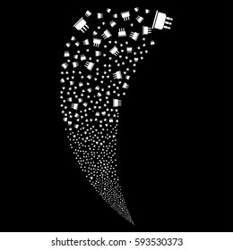 Birthday Cake random fireworks stream. Vector illustration style is flat white iconic symbols on a black background. Object fountain organized from scattered pictograms.
