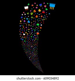 Birthday Cake random fireworks stream. Vector illustration style is flat bright multicolored iconic symbols on a black background. Object fountain constructed from scattered pictograms.