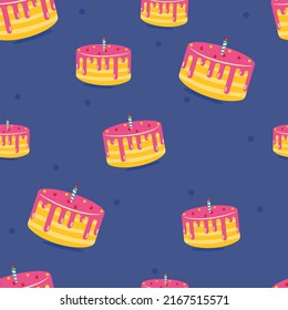 Birthday cake repeating vector pattern on blue background