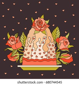 Birthday cake with roses and hearts. Vector. Illustration