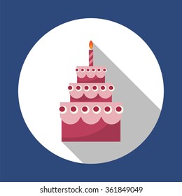 Birthday cake. Round flat vector icon  with long shadow. EPS 10.