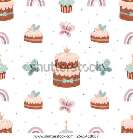 Birthday cake seamless pattern for baby girl. Cute festive background in cartoon style. Vector illustration.