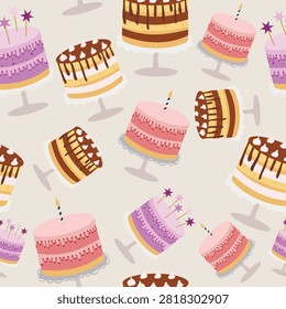 Birthday cake seamless pattern, colorful celebration desserts wallpaper. Sweet layered cakes seamless pattern with dripping icing, cake stands. Cute pastry seamless background, party desserts with candles and stars. Hand-drawn Birthday cake pattern, repeating dessert vector background. Festive celebration cakes seamless texture, bakery shop wallpaper