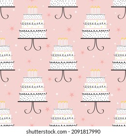 birthday cake seamless pattern designon pink color background