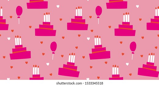 Birthday cake seamless pattern with hearts for girly event decoration, gift wrapping paper, scrapbooking, textile printing, wallpaper. Balloon and dessert party backdrop decoration.