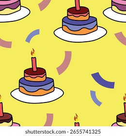 Patrón sin fisuras de la torta de cumpleaños en fondo amarillo. Ilustración colorida para la etiqueta engomada, postal, Fondo de pantalla, mural, tela, impresiones, etc