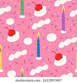 BIrthday cake seamless print. Fun bold design. Flat cartoon vector pattern.