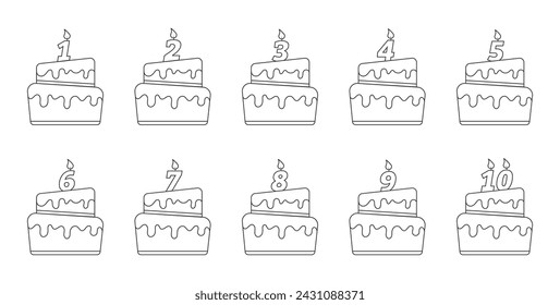 Un pastel de cumpleaños. Un juego con velas en forma de números. Ilustración vectorial resaltada sobre un fondo blanco. Estilo plano