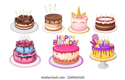 Birthday cake set vector illustration. Cartoon isolated delicious pastry shop and confectionery menu collection of different cakes with chocolate icing and cream, candles and sparklers decoration