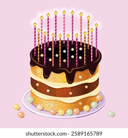 birthday cake and seventeen lighted candles on a light pink background. birthday cake with poppy seed cakes with chocolate and vanilla cream. stock vector illustration. EPS 10.