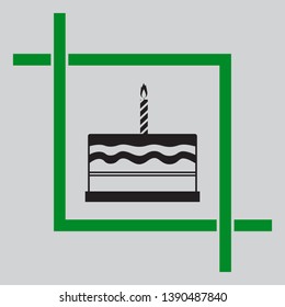 Birthday cake sign. Black icon inside green crop tool at light gray background