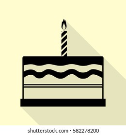 Birthday cake sign. Black icon with flat style shadow path on cream background.