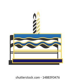 Birthday cake sign. Blue icon with gold contour with dark gray shadow at white background. Illustration.