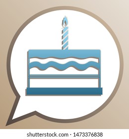Birthday cake sign. Bright cerulean icon in white speech balloon at pale taupe background. Illustration.