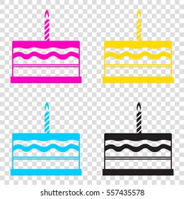 Birthday cake sign. CMYK icons on transparent background. Cyan, magenta, yellow, key, black.