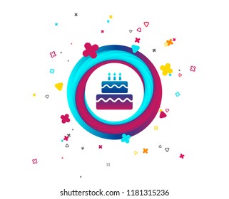 Birthday cake sign icon. Cake with burning candles symbol. Colorful button with icon. Geometric elements. Birthday vector