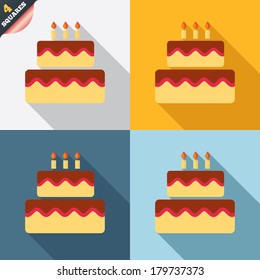 Birthday cake sign icon. Cake with burning candles symbol. Four squares. Colored Flat design buttons. Vector