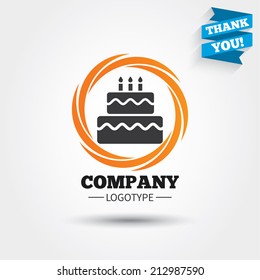 Birthday Cake Sign Icon. Cake With Burning Candles Symbol. Business Abstract Circle Logo. Logotype With Thank You Ribbon. Vector