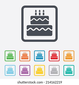 Birthday cake sign icon. Cake with burning candles symbol. Round squares buttons with frame. Vector