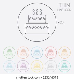 Birthday cake sign icon. Cake with burning candles symbol. Thin line circle web icons with outline. Vector