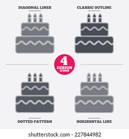 Birthday cake sign icon. Cake with burning candles symbol. Diagonal and horizontal lines, classic outline, dotted texture. Pattern design icons.  Vector